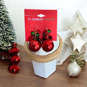 Celebrate Together 2 1/4" Gold Tone/Green/ Red Jingle Bell & Ball Earrings-NWT